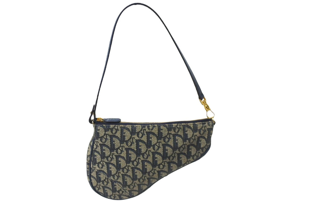 Christian Dior Trotter Saddle Pouch Clutch Navy Blue Handbag All over